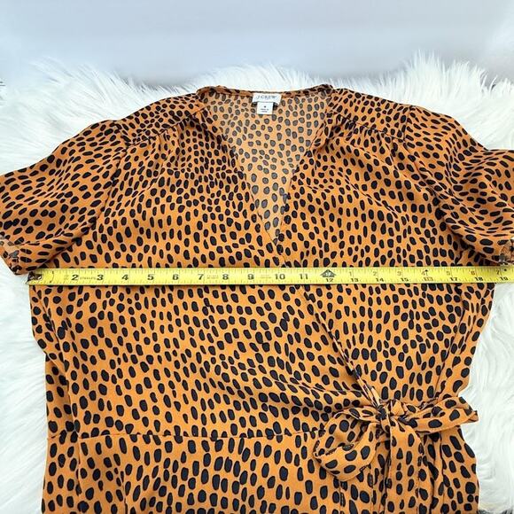J.Crew Wrap Dress Womens 8 Brown Black Spotted Short Sleeve Tie Waist V Neck - Picture 13 of 16
